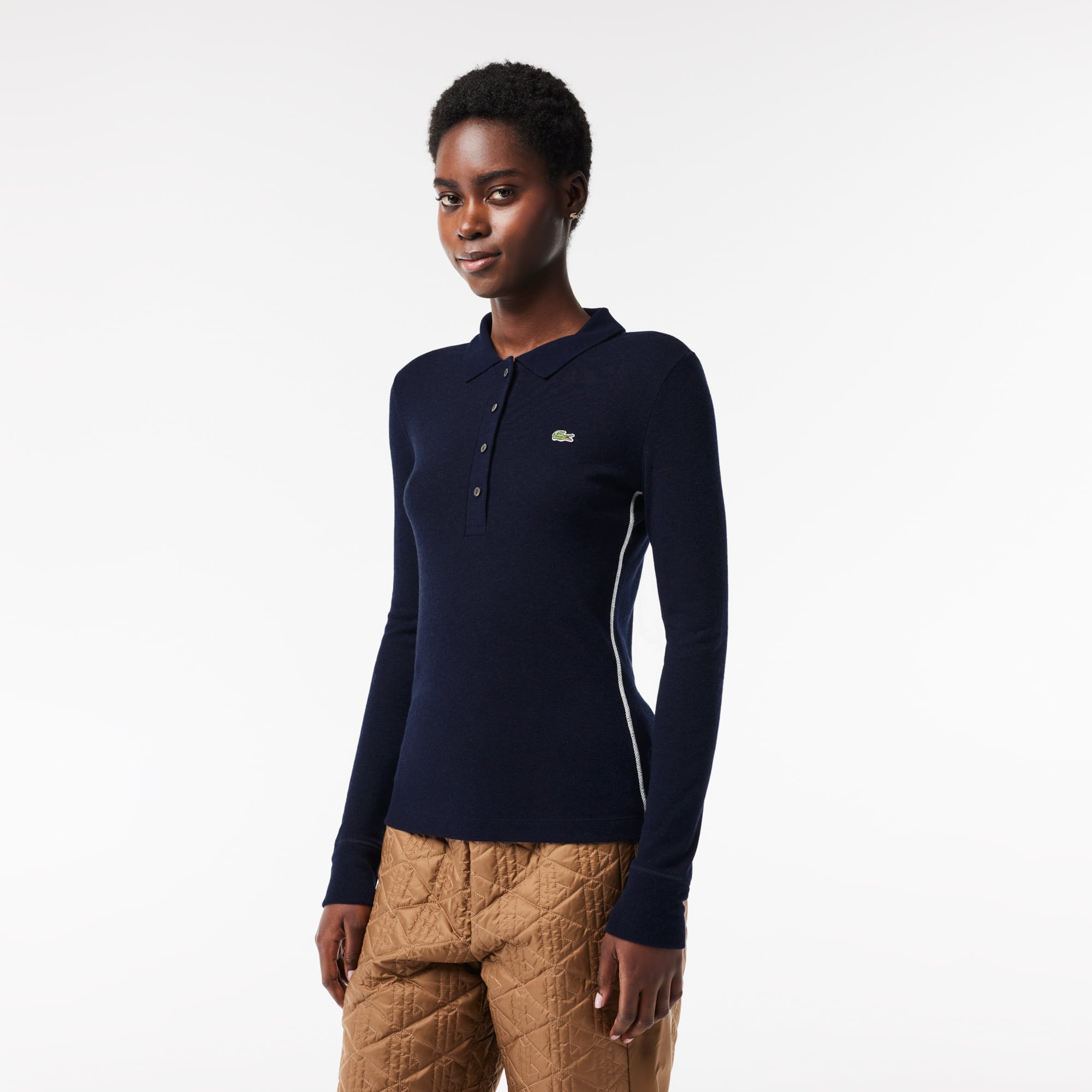 Polo manches longues fabriqué en France en lyocell et laine Manches Longues - Bleu - Lacoste - Femme