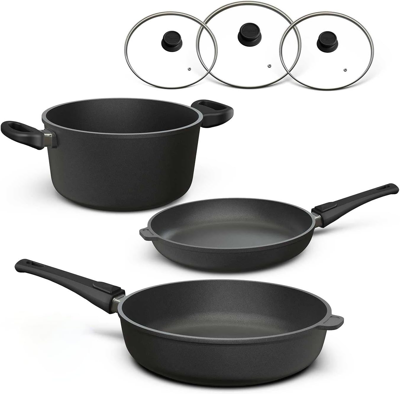 Hoffmann Aluguss Topf und Pfannenset mit Glasdeckel und abnehmbarem Stiel, 6-teilig I Für alle Herdarten auch Induktion I Made in Germany 100% verzugsfrei