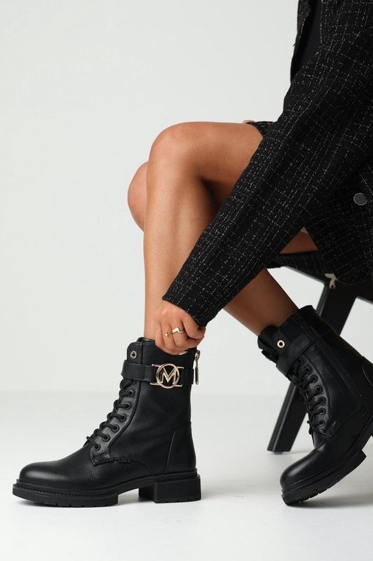 Mexx - Kimberly - Veterboots - Zwart - Imitatieleer - Gouden Details