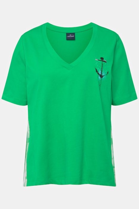 T-Shirt, A-Line, seitliches Karo, V-Ausschnitt, Halbarm