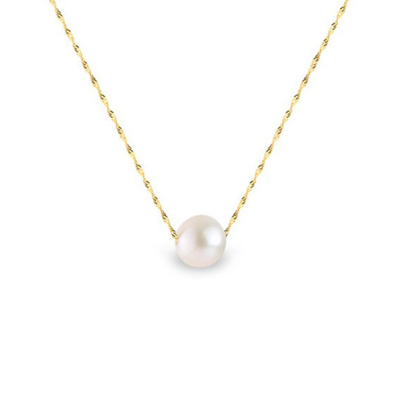 Collier Femme Ras du Cou et Chaine Singapour Or jaune 750/1000 et Perle de Culture d'eau douce Blanche