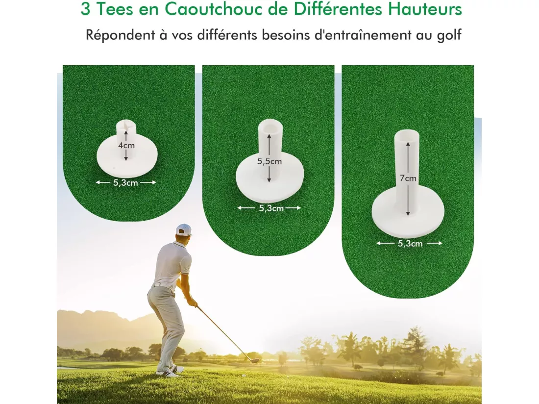 Tapis d'Entraînement de Golf/Tapis de Frappe de Golf, 1,5 x 1m, 2 Positions de Tee et 3 Tees en Caoutchouc Inclus, Utilisation Intérieure et Extérieure