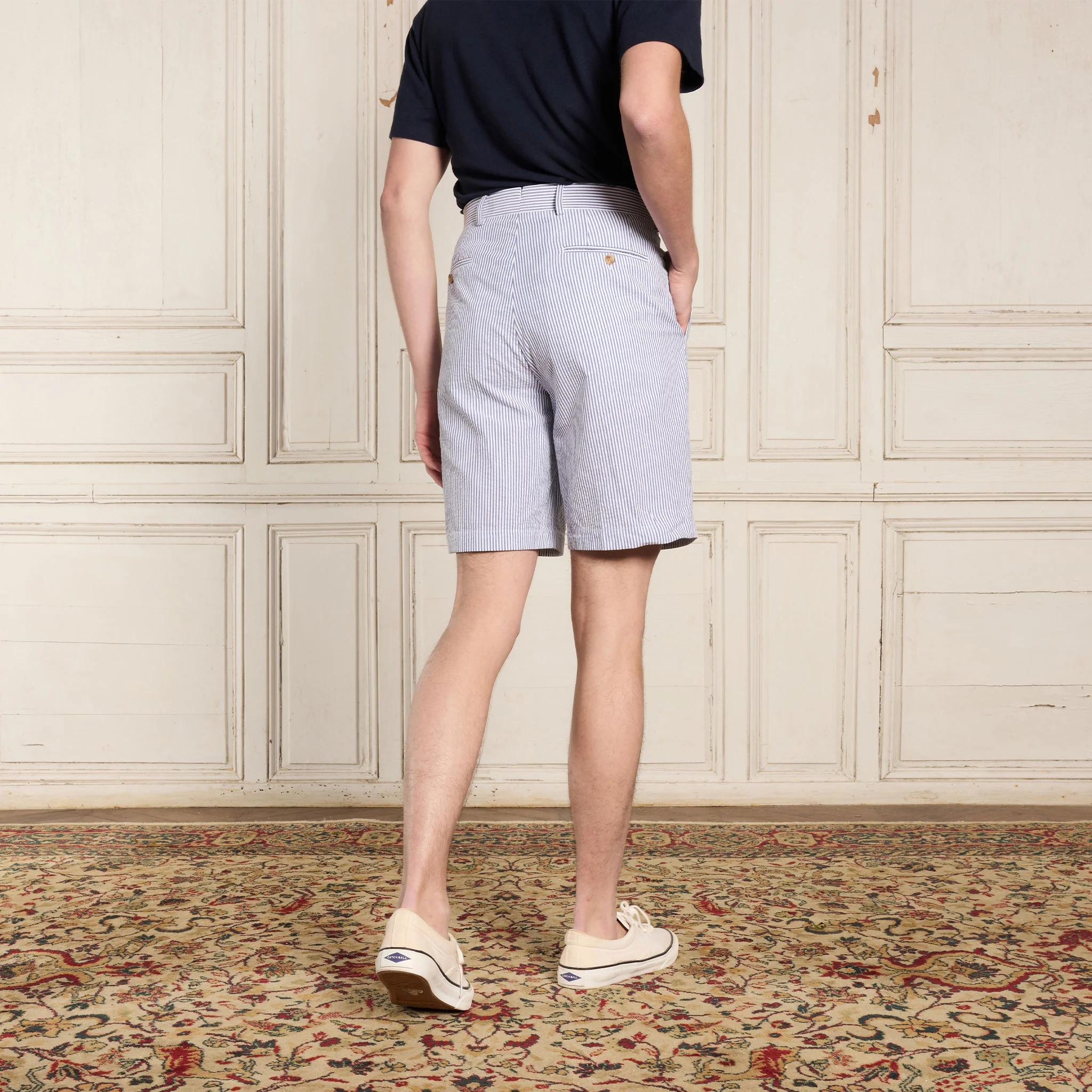 Blue Striped Seersucker Double Pleated Shorts