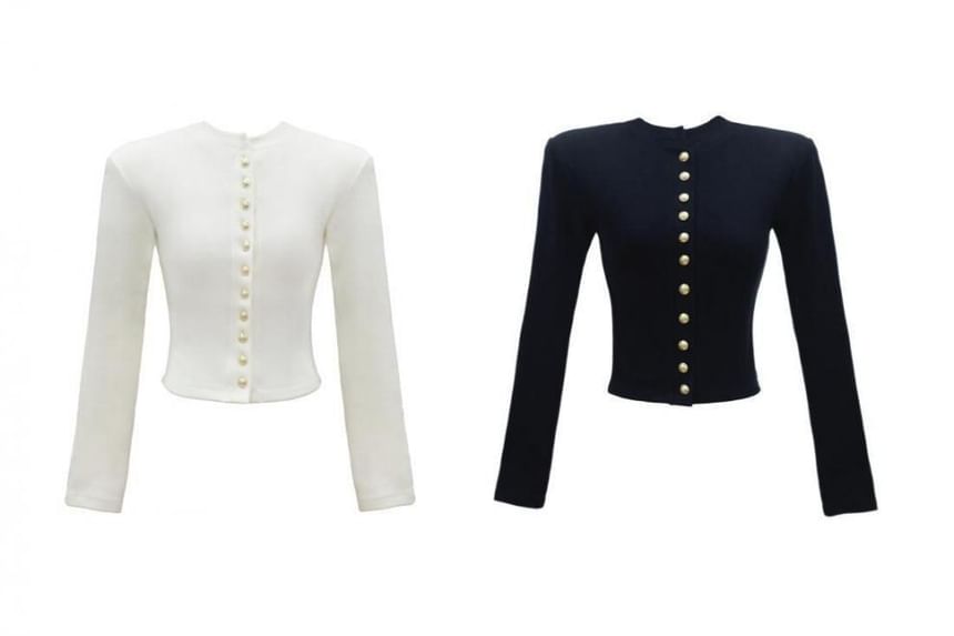 Hevnir - Lange mouwen ronde hals effen crop top met knoopjes