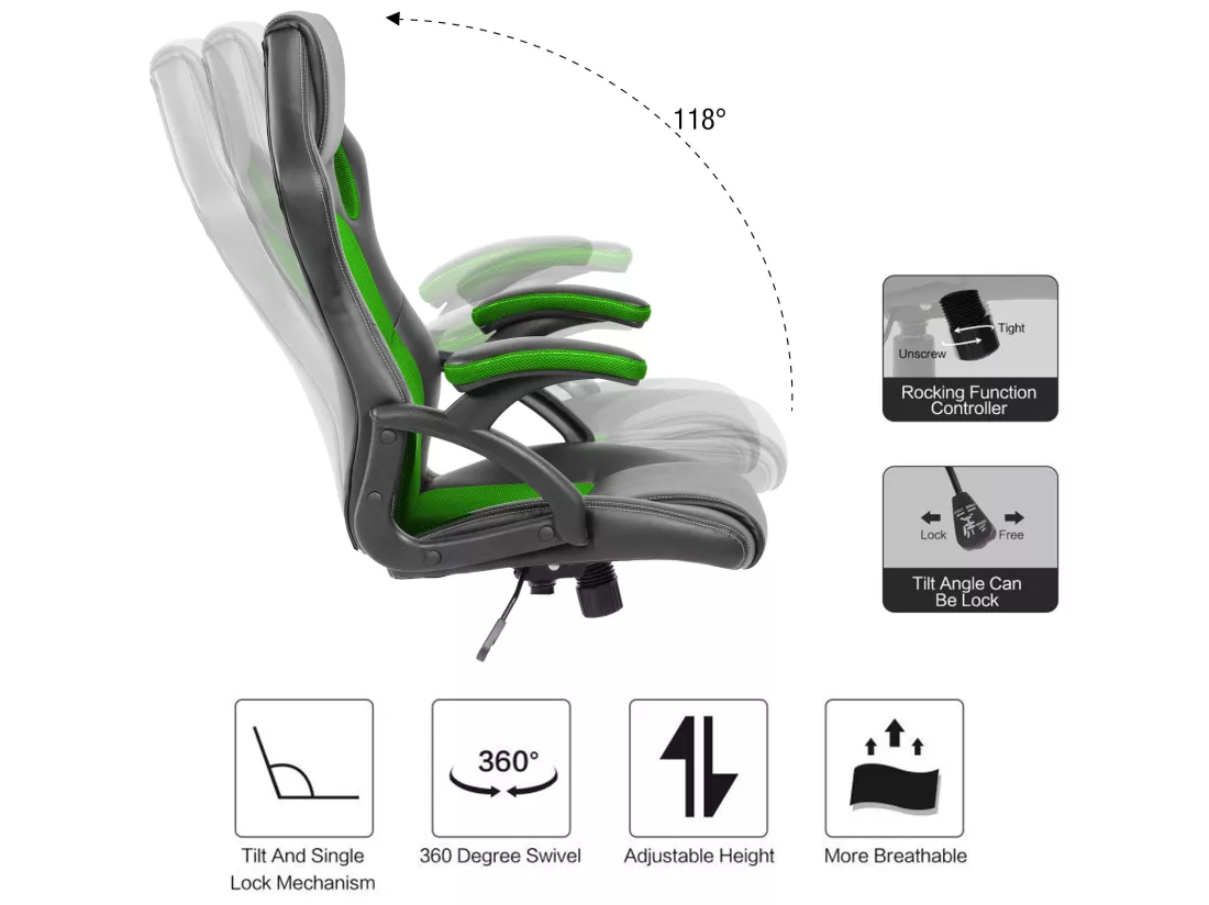 Chaise De Bureau Fauteuil Gamer Noir Vert Simili-cuir 120x66x63