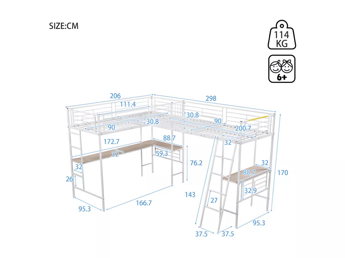 Lit mezzanine - 2 lits 90x200 cm - 2 bureaux sous le lit - Blanc