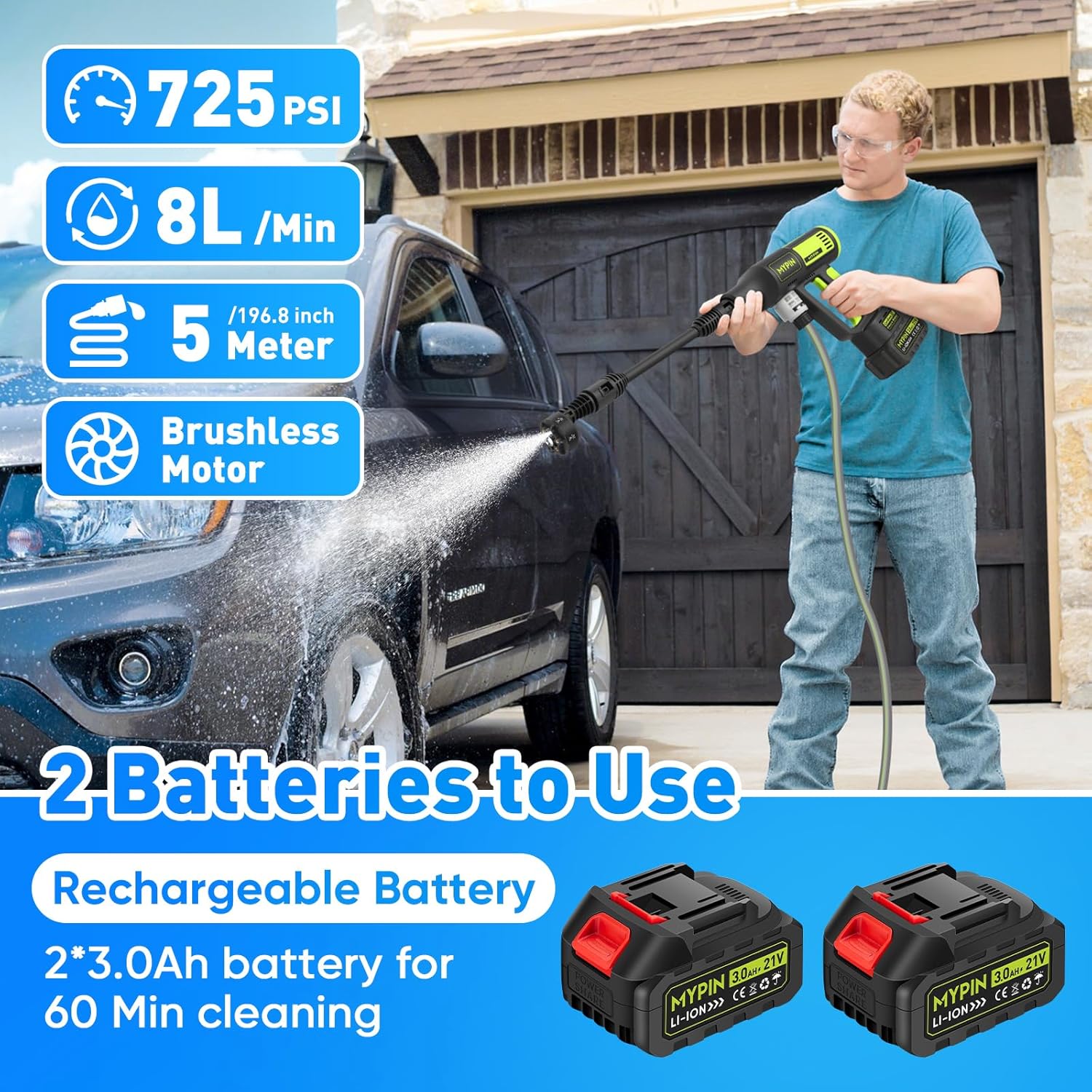 MYPIN Upgraded LCD Display Tragbarer kabelloser Hochdruckreiniger, 725 PSI 21V 2 Batterien Wiederaufladbarer Akku Druckreiniger, 6-in-1 Düse für Auto Boden Wand Zaun Reinigung