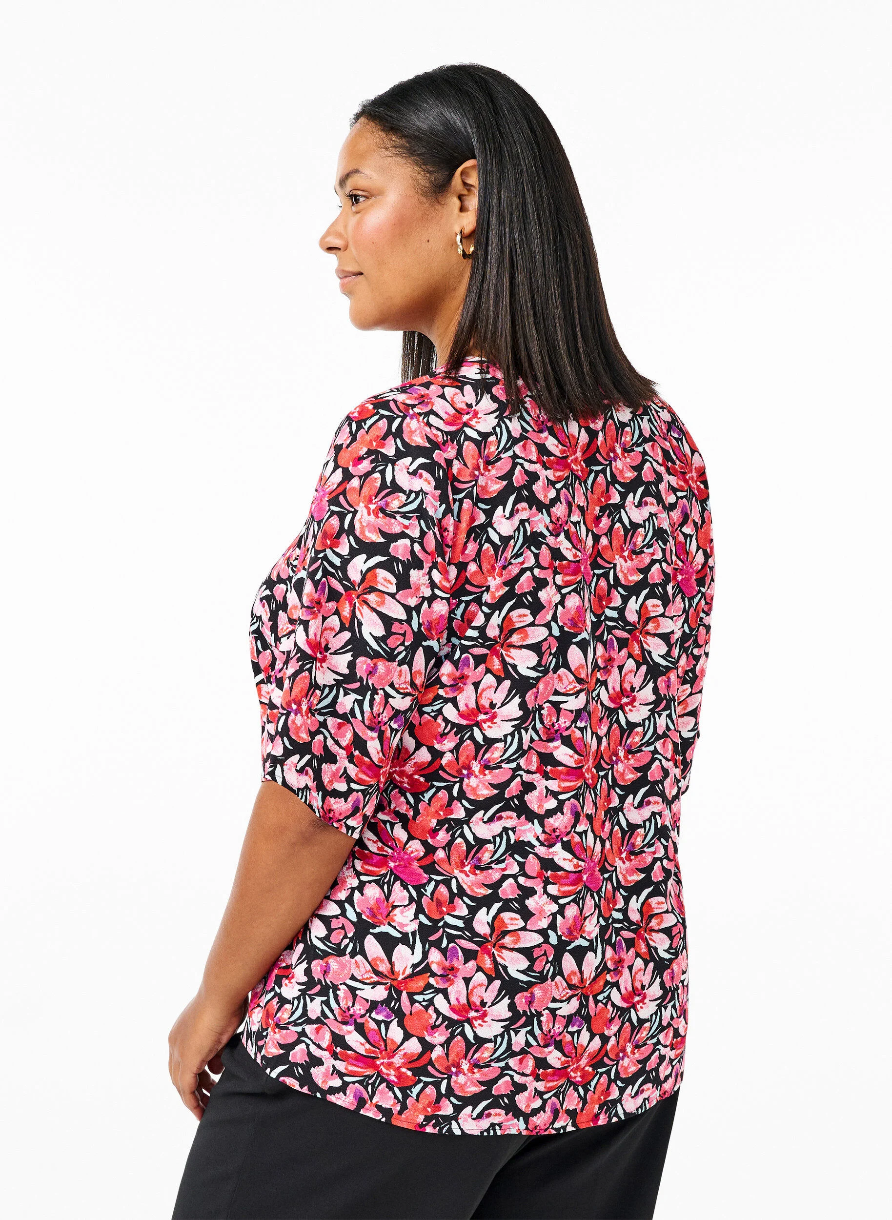 V-hals bluse med blomsterprint