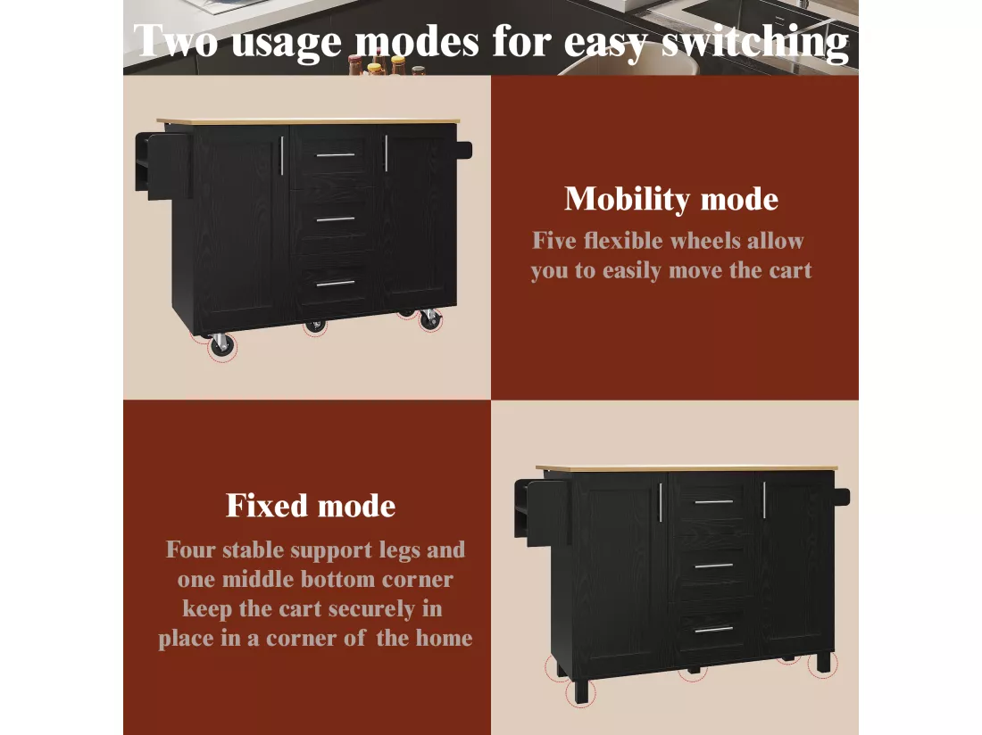 Ilot central de cuisine mobile avec 2 portes, 3 tiroirs et porte-serviettes - Plateau extensible - 134.5 x 46/74 x 90.8 cm - MDF - Noir