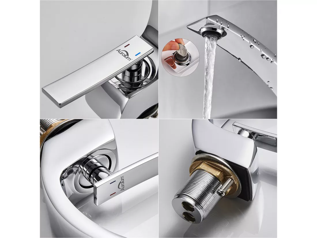Arc Mitigeur Lavabo en Laiton Design Moderne Monotrou avec Mousseur Démontable Cartouche Céramique Robinet pour Lavabo Vasque Salle de Bain