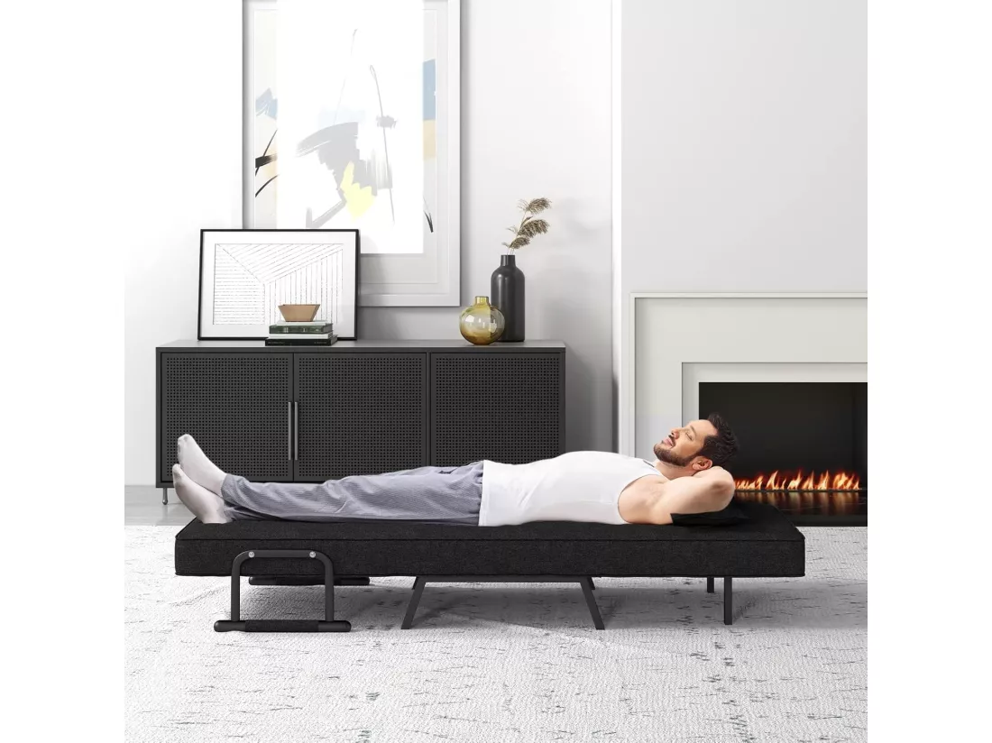 Fauteuil Convertible à Lit 1 Place, Fauteuil de Salon 4-en-1, Dossier Réglable en 6 Positions avec Oreiller, Oreiller, Siège Rembourré, Accoudoirs, Cadre Métal, Canapé-Lit Pliant, Noir