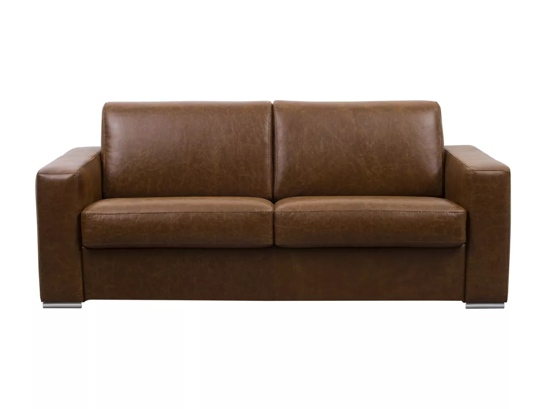 Canapé 3 places convertible express 100% cuir de buffle vintage caramel matelas 20 cm DELECTEA II