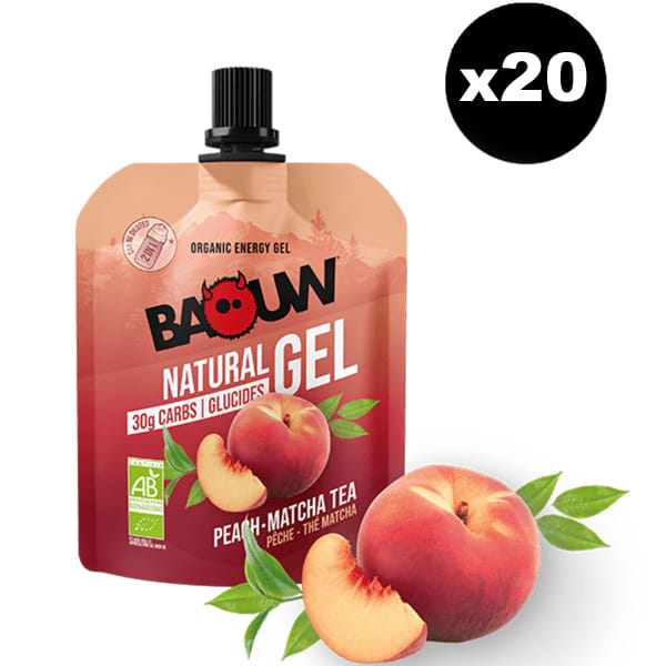 Gels énergétiques BAOUW GEL NATURELS BIO 85G PÊCHE-THÉ MATCHA PACK X20