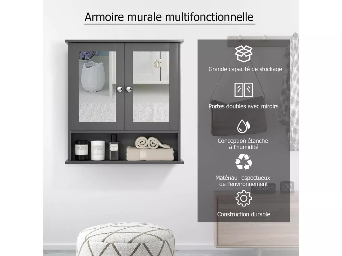 Armoire de de salle de bain avec miroir meuble rangement avec 3 etagères et 2 portes 56,5 x 13 x 58,5 cm gris