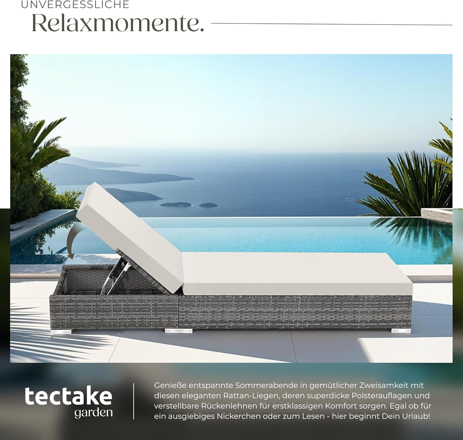 tectake® 2er Lounge Sonnenliegen Set Plus Tisch – inkl. 2 Bezugsets und Schutzhülle, Outdoor Poly Rattan Gartenmöbel Set, 2er Set - grau