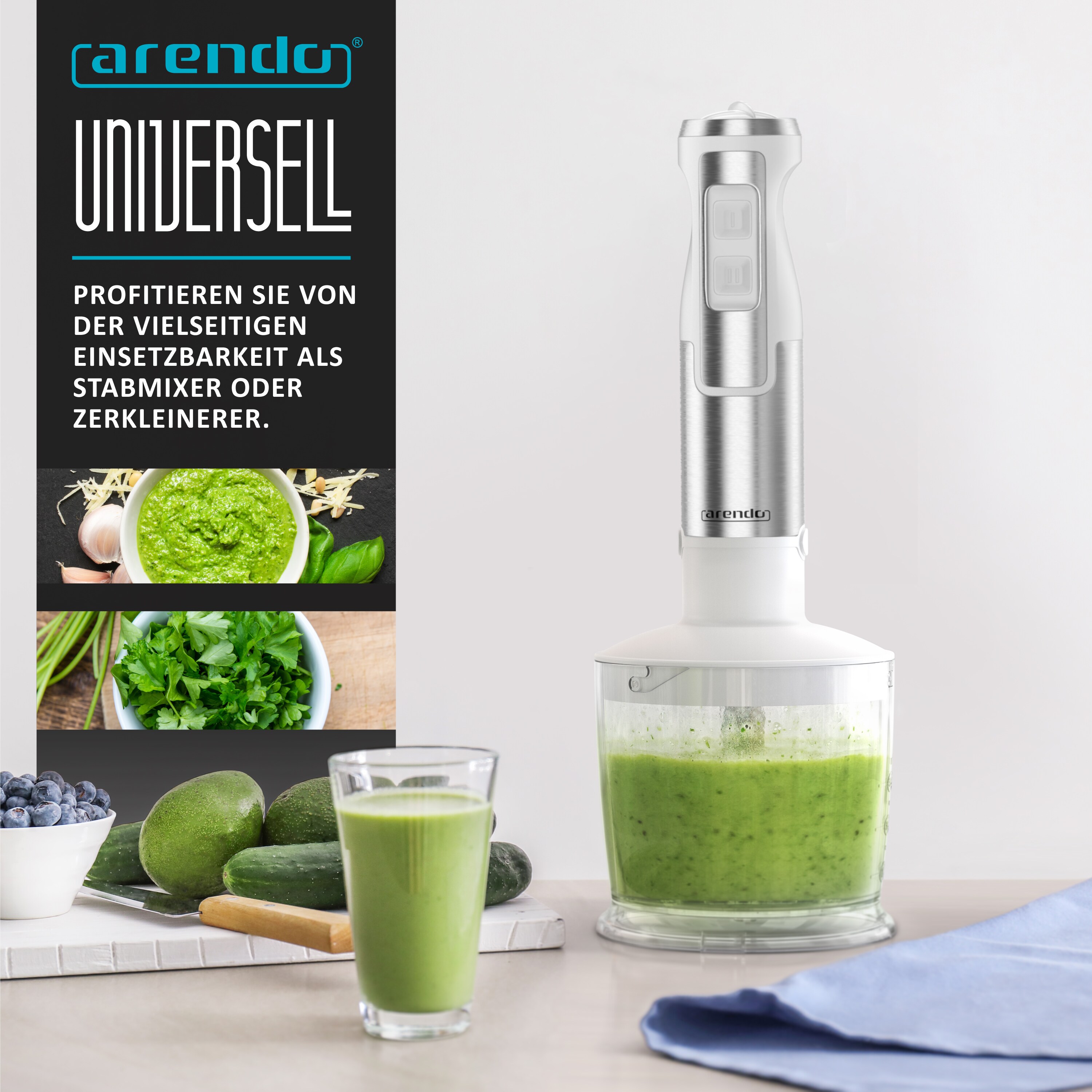 Arendo Edelstahl Stabmixer Set - vierflügeliges Messer - Pürierstab - Variabler Geschwindigkeitsregler + Turbotaste