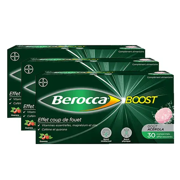 Berocca Boost Magnésio, Vitaminas, Cafeína e Guaraná, 30 comprimidos efervescentes - Pacote com 3 unidades