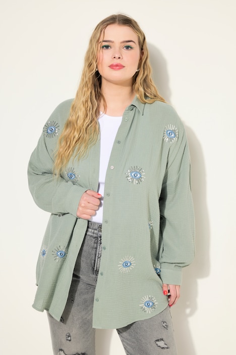 Bluse, oversized, Musselin, Augen-Stickerei, Langarm