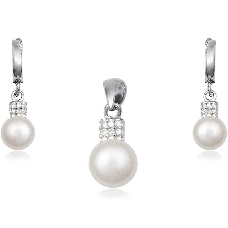 Parure Pendentif et Boucles d'Oreilles Perles Pierres Cz et Argent 925