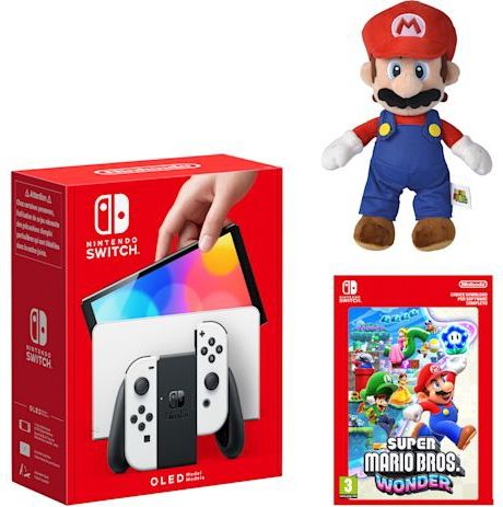 Bundel met Nintendo Switch – OLED-Model (wit) + Super Mario Bros. Wonder + Mario-knuffel