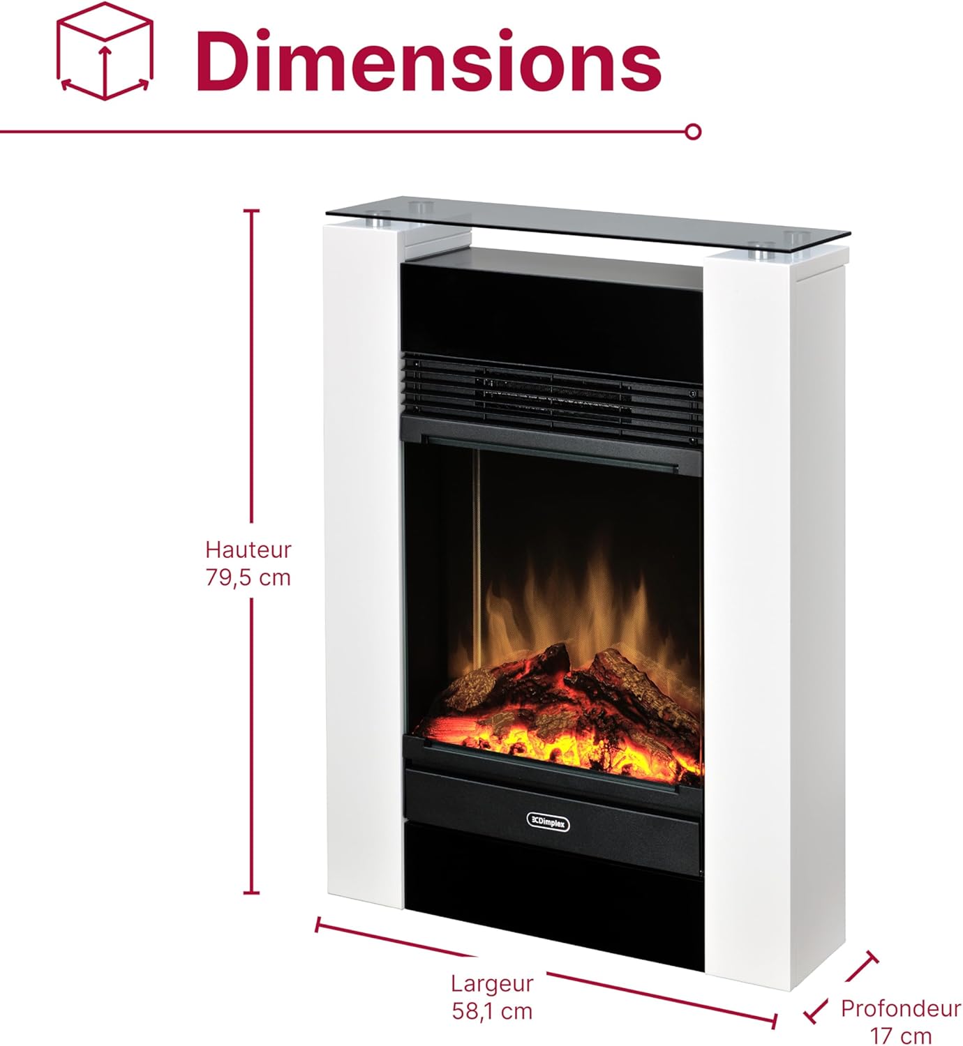 Dimplex Gisella Weiß, freistehender Elektrokamin mit Optiflame Effekt, Holzscheit-Glutbett, LED-Flammeneffekt, Einstellbarer Heizung, Thermostat und Fernbedienung. Glasablage