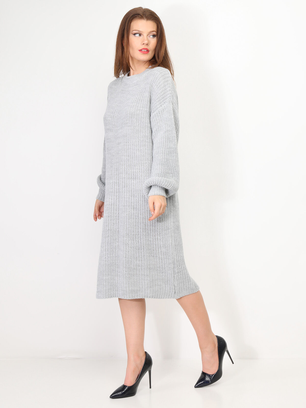 Robe pull mi-longue à manches bouffantes- Gris