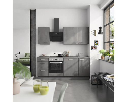 NOBILIA keukenblok met apparatuur, industriële stijl, 210 cm, beton leigrijs mat, voorgemonteerd, linker uitvoering, 4004539018679