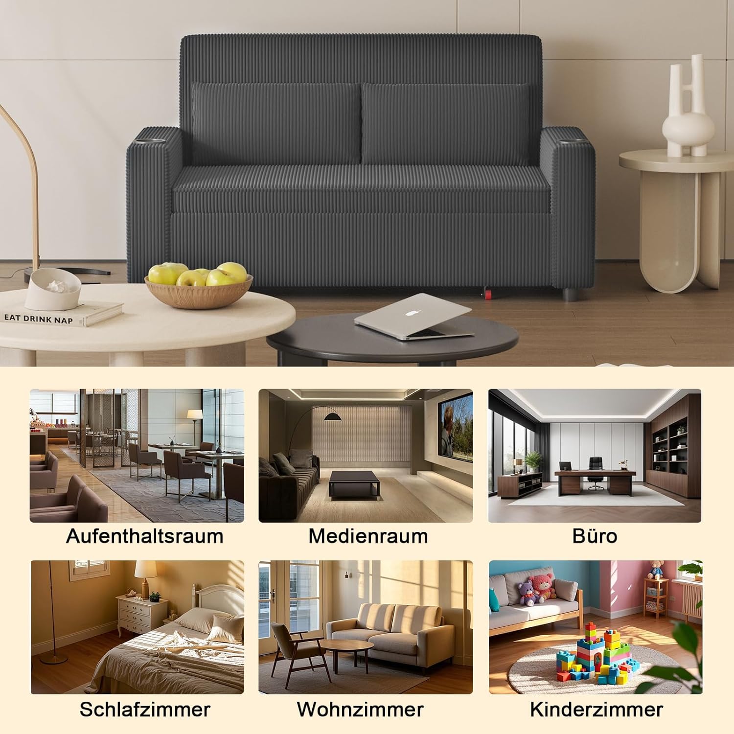 Devoko Sofa mit Schlaffunktion, Schlafcouch Ausziehbar mit Verstellbarer Rückenlehne, Schlafsofa Klein Klappsofa Sofa 2 Sitzer für Wohnzimmer & Schlafzimmer, Grau