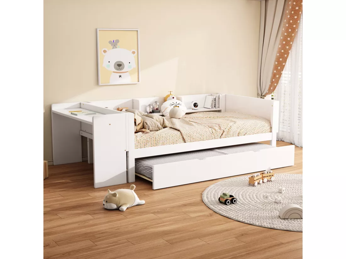 Lit gigogne 90x200cm+90x180cm, avec petit bureau, trois étagères sur le côté du lit, blanc