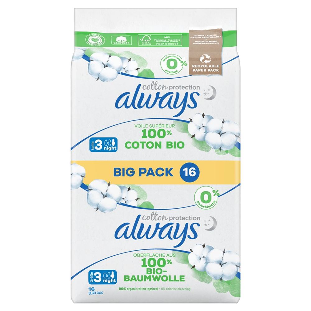 Always Ultra Binde Cotton Protection Night mit Flügeln BigPack 16 Stk