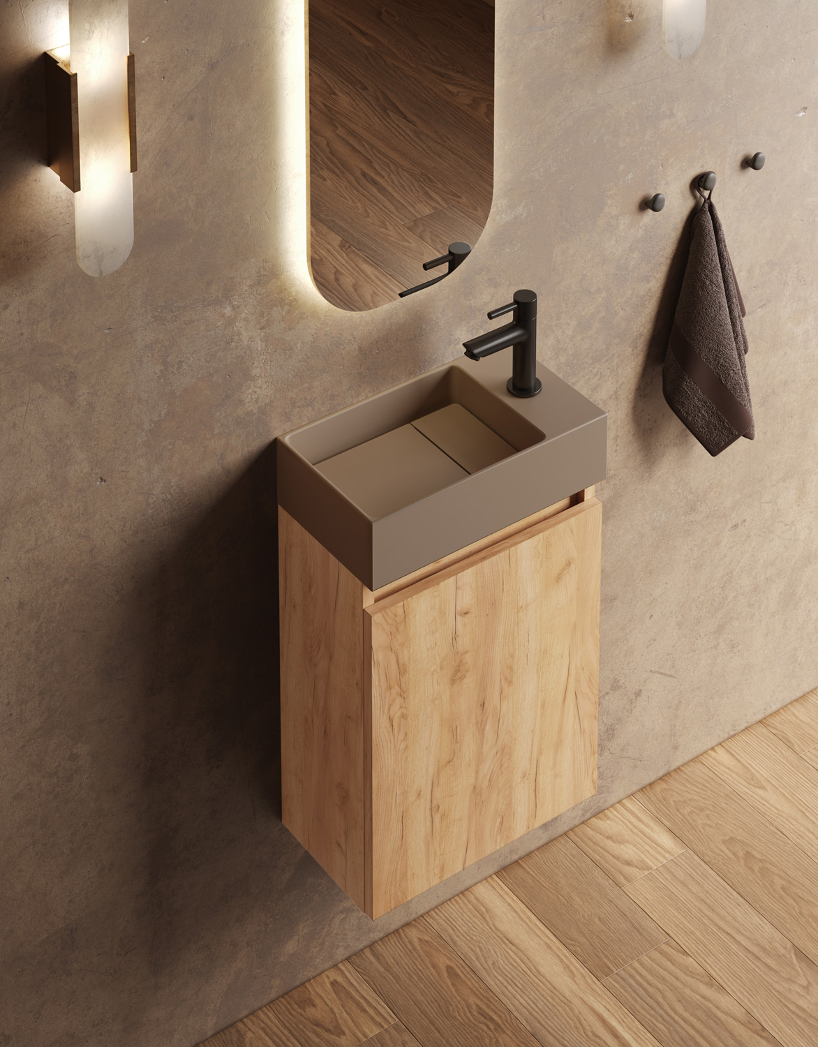 Fontana Itsie toiletmeubel warm eiken 40cm met fontein in mat taupe