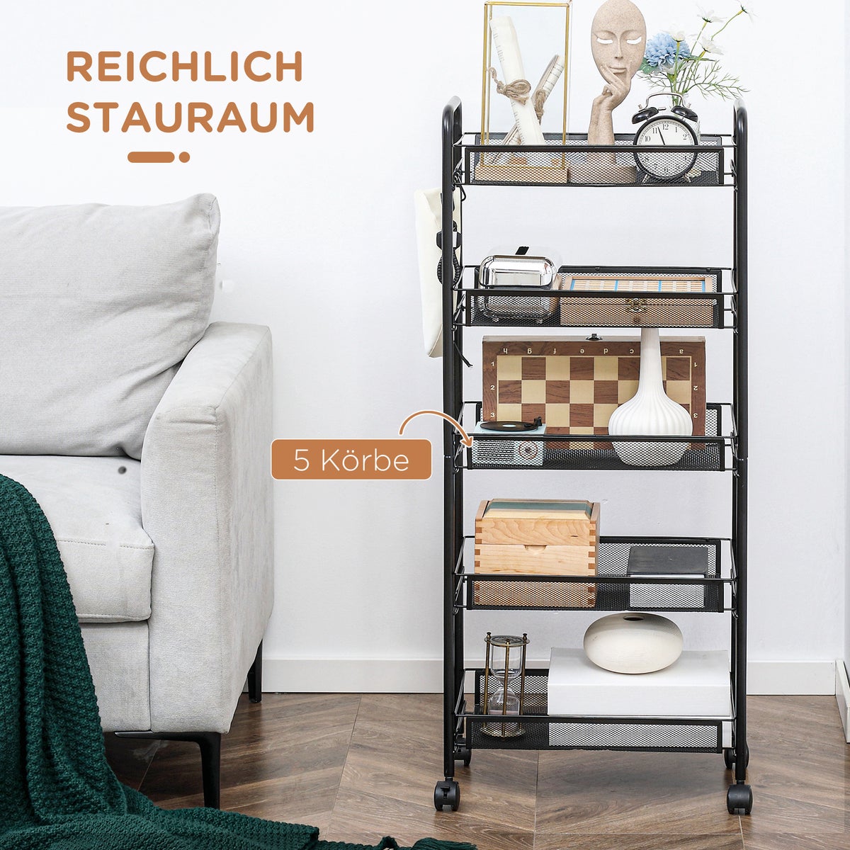 HOMCOM Rolwagen, Serveerwagen met 4 Planken, 5 Manden, Opbergwagen met Handvat, Keukenwagen voor Keuken, Woonkamer, Staal, Zwart