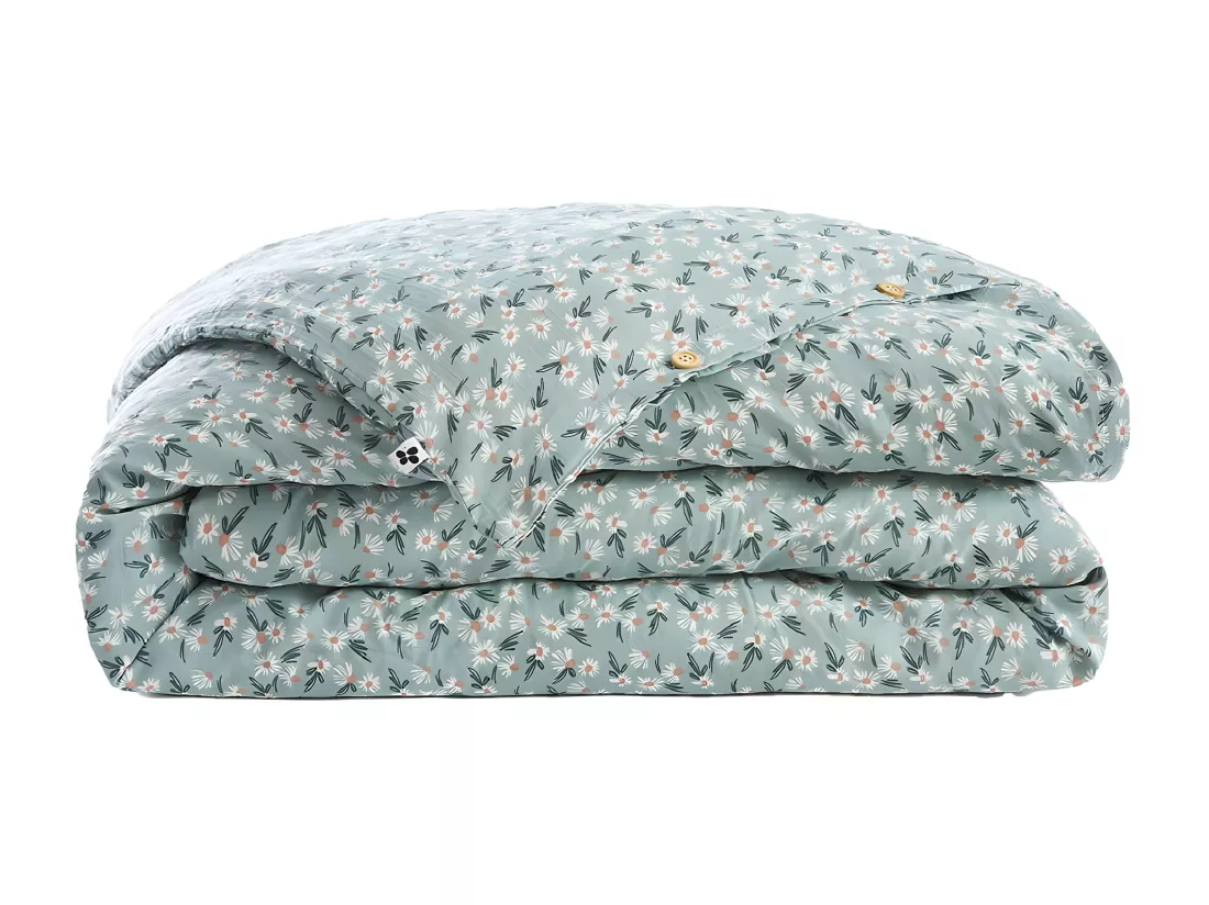 ALLISON - Housse de Couette 200x200cm Gaze de Coton Coloris Bleu Motifs Fleurs