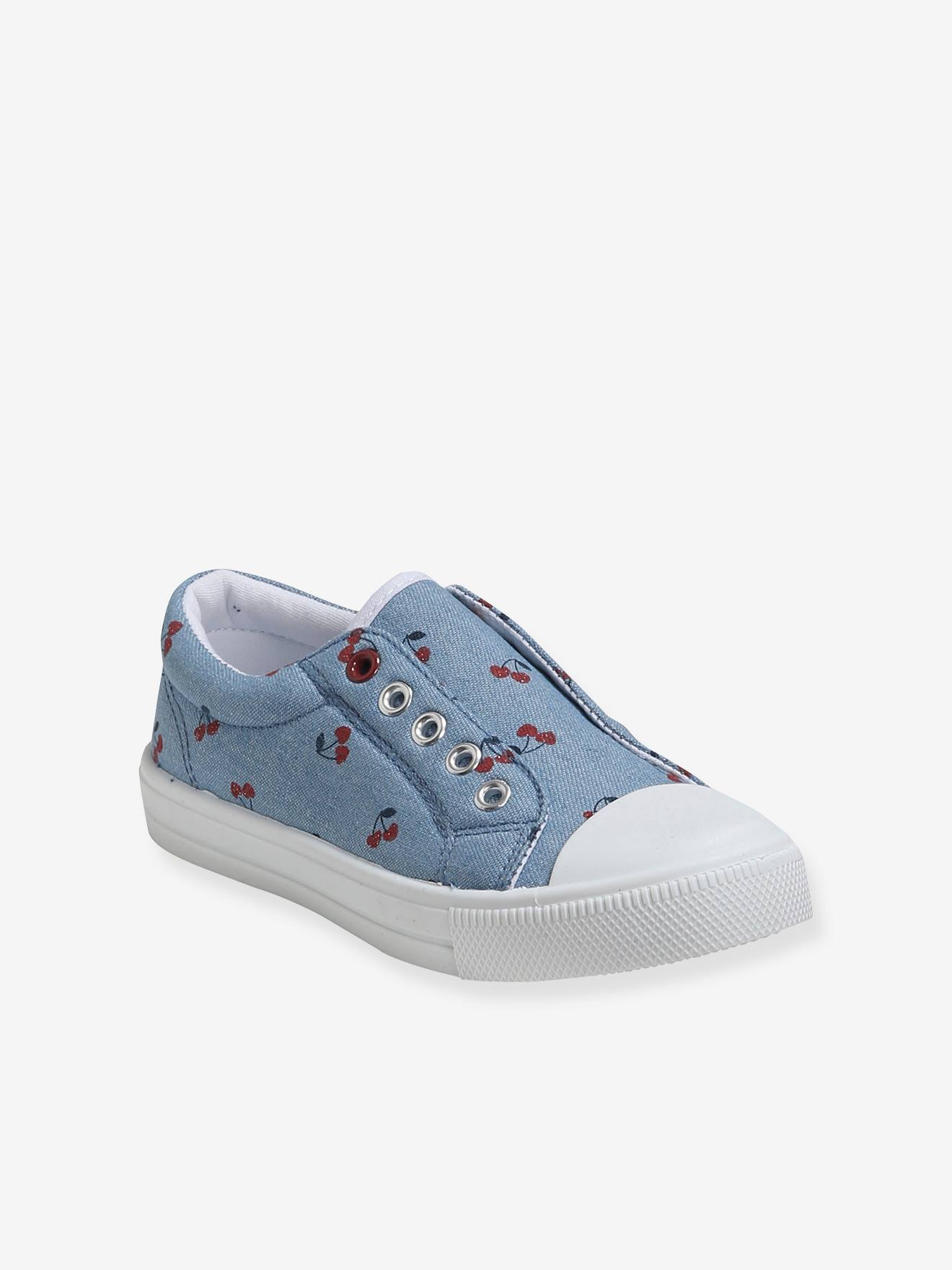 Tênis de tecido elástico para meninas, azul médio liso com estampas.