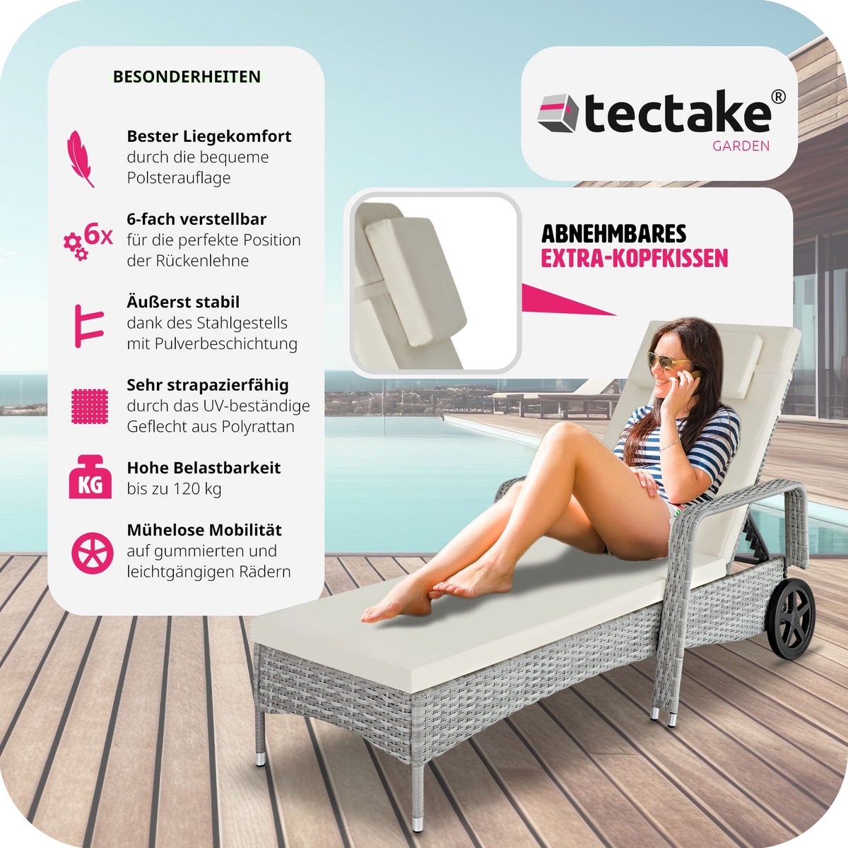 Rotan ligstoel tectake duurzaam 200 x 70 x 33 cm