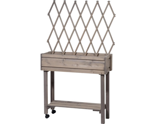Verhoogd tuinbed op palen, inclusief trellis, op wielen, 79 x 28,5 x 130 cm, grijs