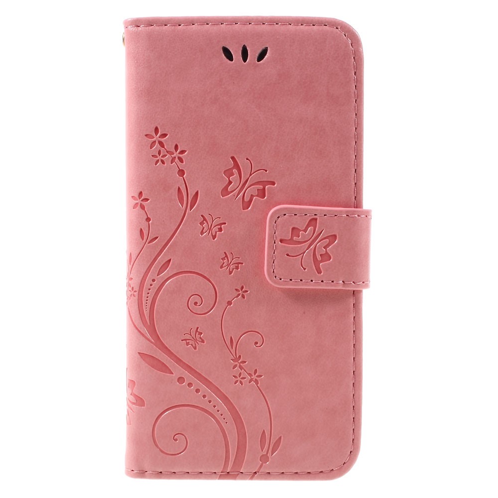 iPhone SE (2022/2020) / 8 / 7 Leder Tasche mit Kartenfach   Handschlaufe Butterfly Flowers - Rosa