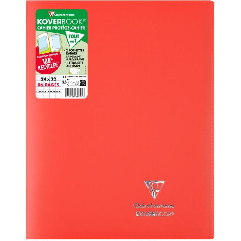 Cahier piqué Koverbook 24x32 cm 96 pages grands carreaux couverture polypropylène opaque 100% recyclé - Assortis