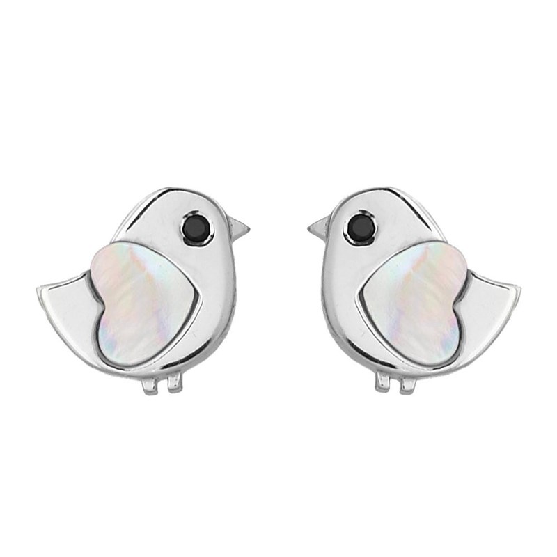 Boucles d'oreilles oiseau coeur de nacre oeil oxyde de zirconium noir Argent 925 Rhodié