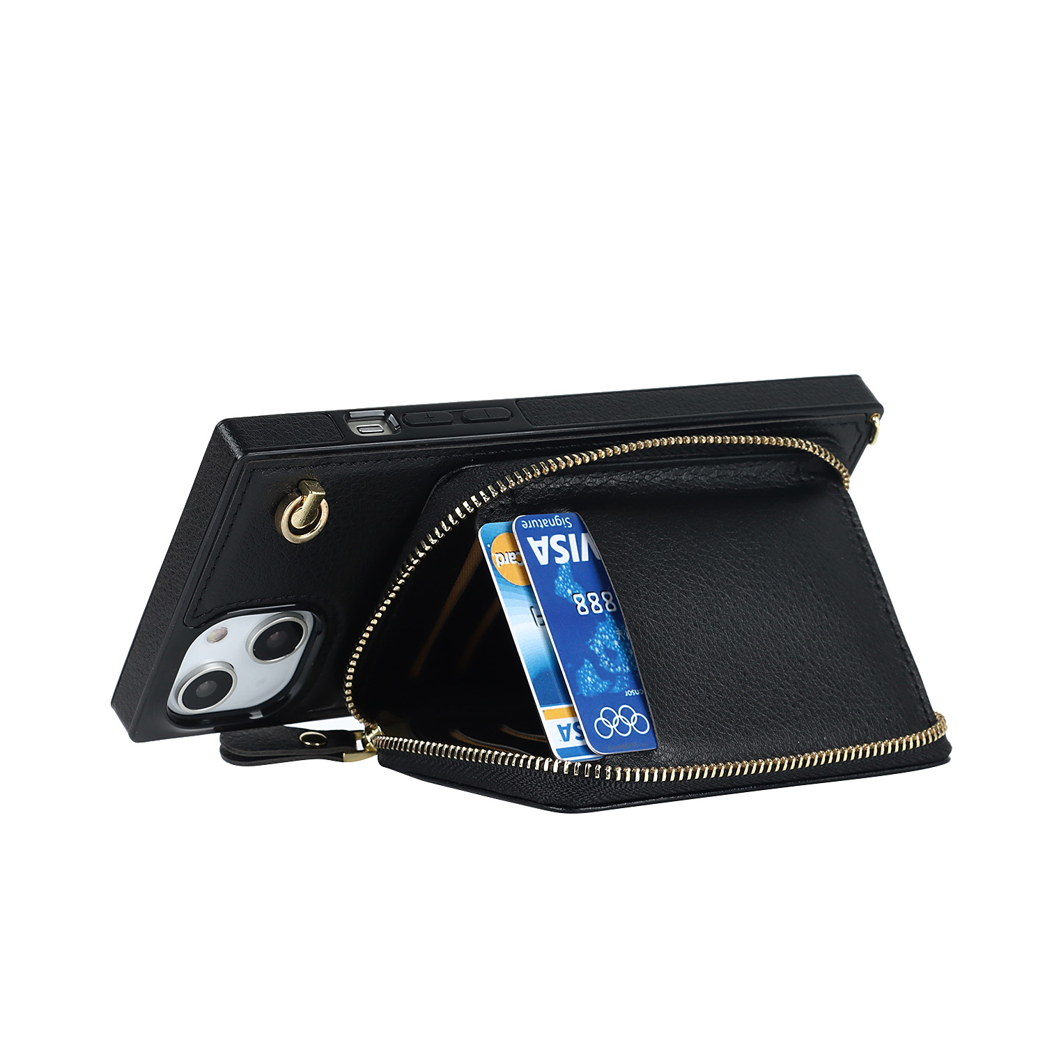 iPhone 14 Necklace Leder Schutz Hülle mit Kartenfächer   Handykette (140cm) - Schwarz
