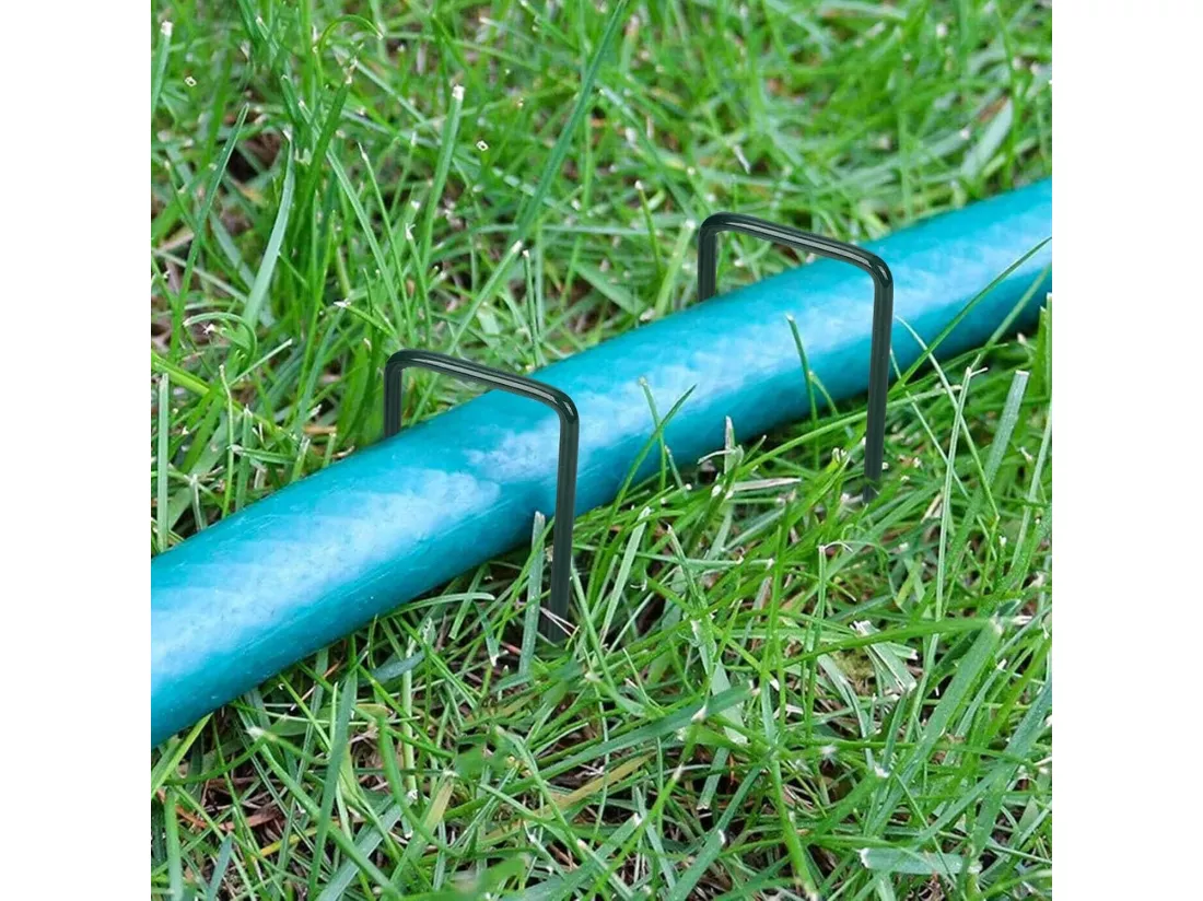 100 Pcs Fixation en Acier Vert - piquets de jardin antirouille - 150 mm, pour le contrôle des mauvaises herbes, membrane, tissu