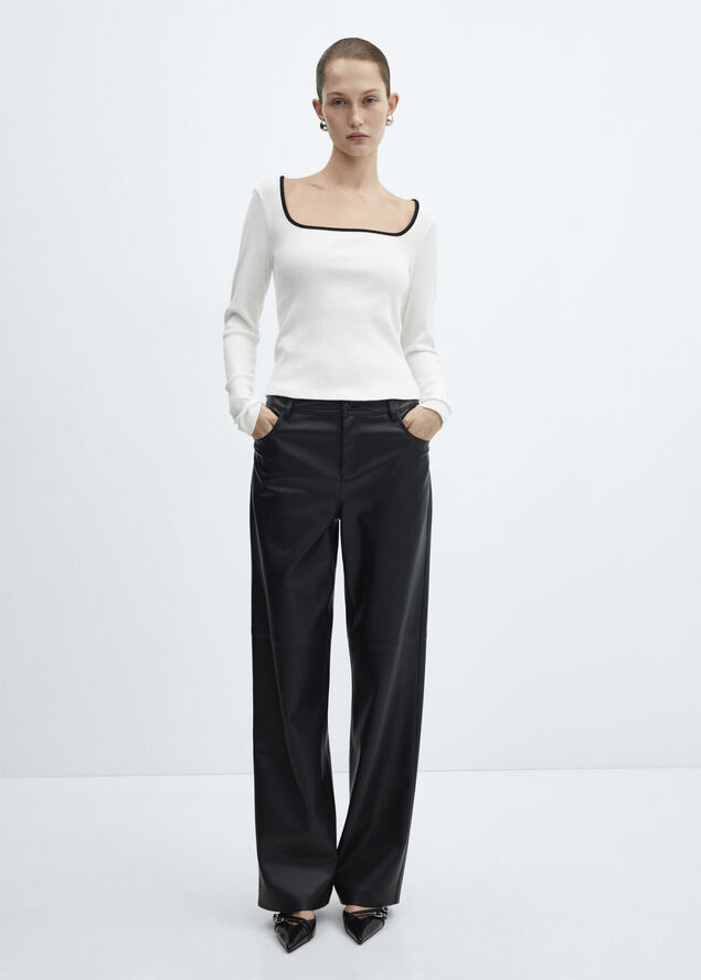 MANGO Ribbed Squared neckline t-shirt White