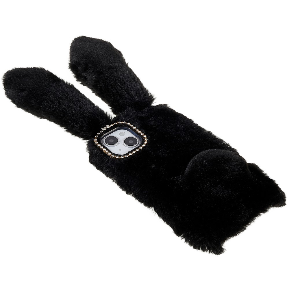 iPhone 14 3D Gummi Plüsch Case Hülle Bunny mit Flauschigen Hasenohren - Schwarz