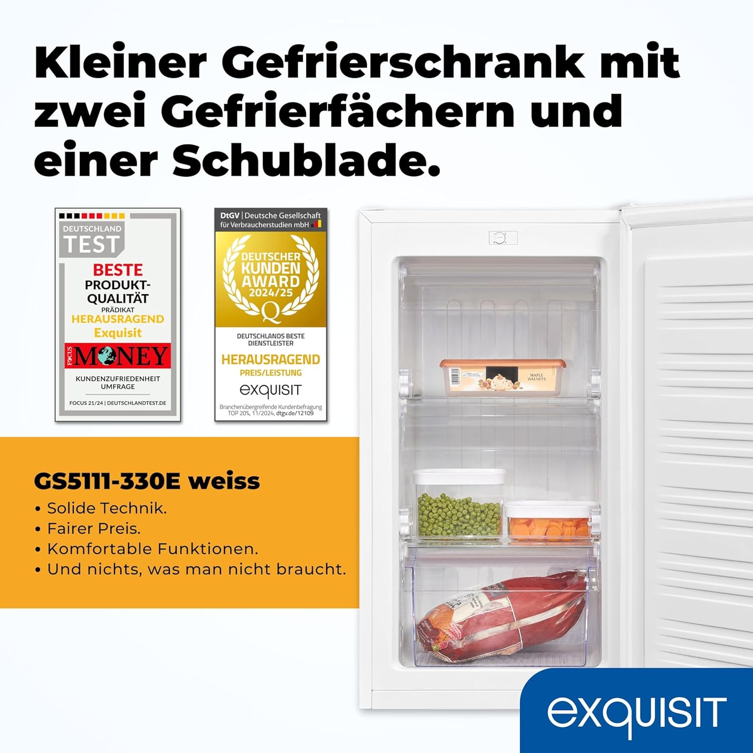 Exquisit Gefrierschrank | 63 l Nutzinhalt, Energieeffizienzklasse E, 39 dB(A) | kompakte Bauform, 4-Sterne-Gefrieren, manuelle Temperaturregelung, wechselbarer Türanschlag | GS5111-330E weiss