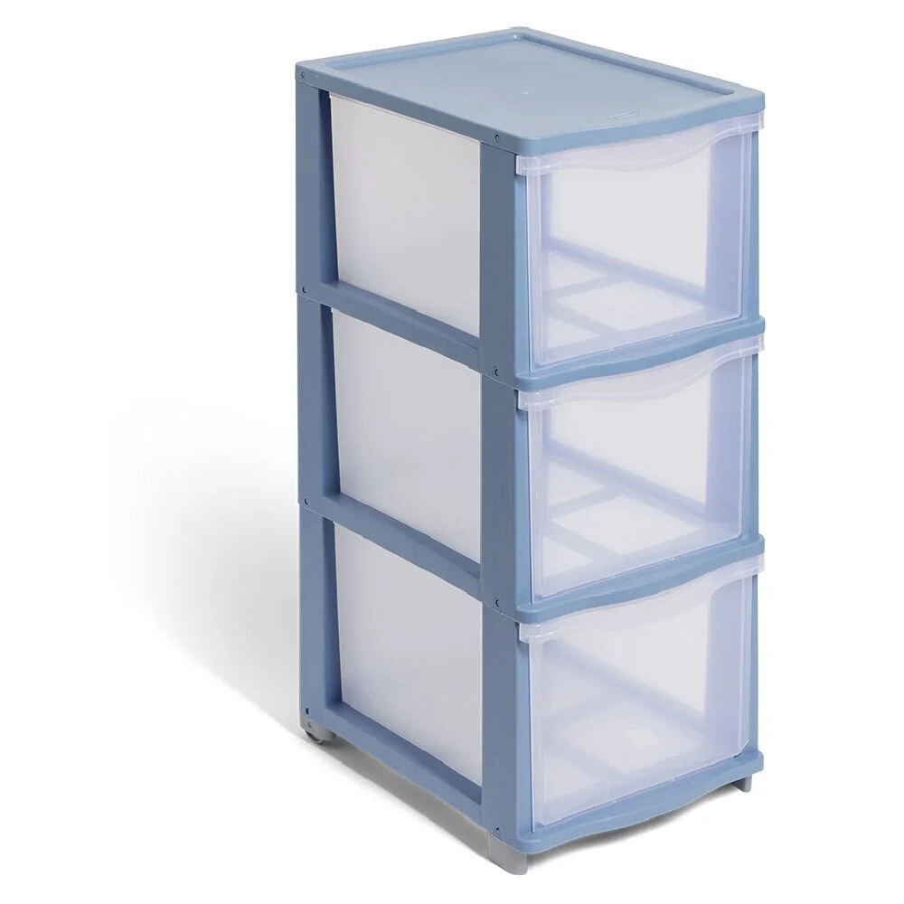 Tour de rangement à 3 tiroirs plastique bleu 27x37x63cm