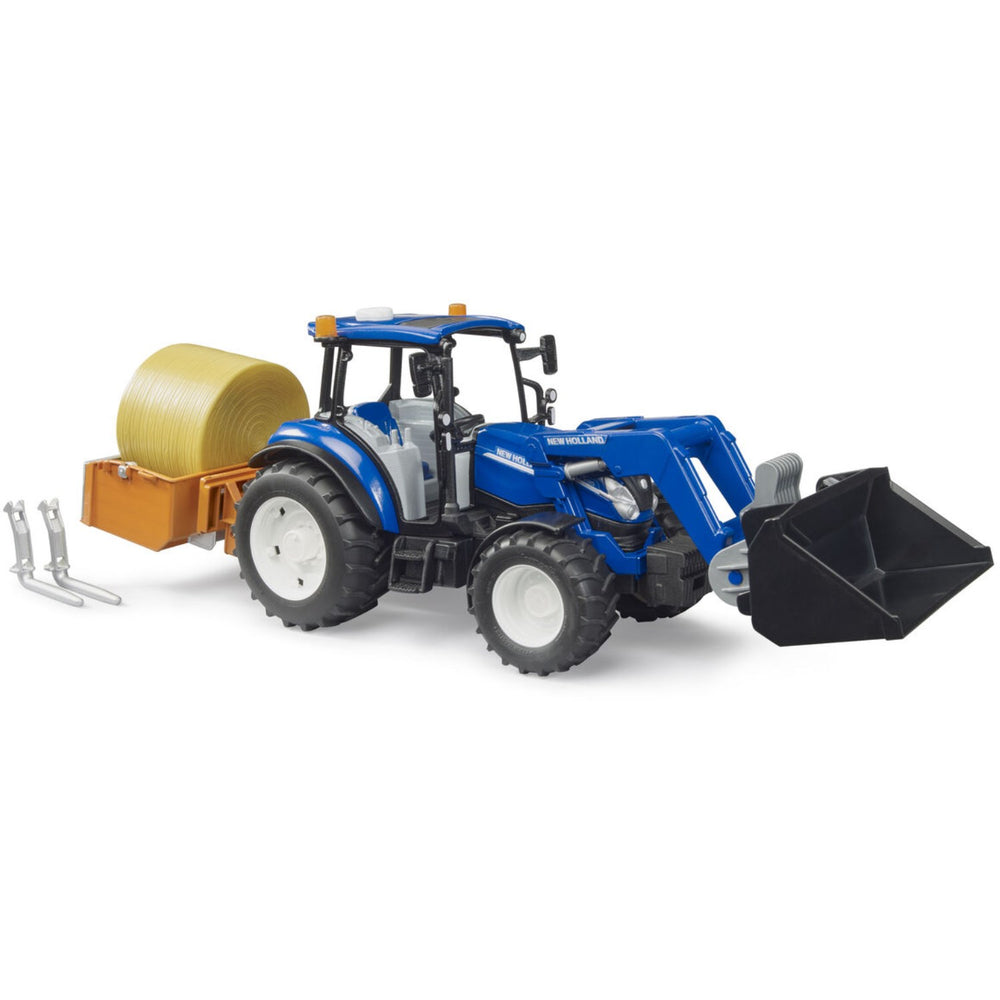 Køb Bruder New Holland T5.120 Med Slip-On Frontlæsser, Tømningskasse Og Gafler.