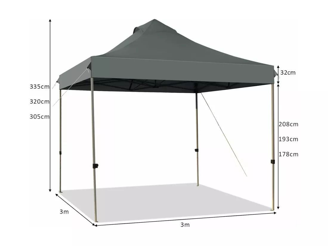 Tonnelle de Jardin Escamotable Pliable 3x3M, Tente de Fête Imperméable Protection Solaire 3 Hauteurs 305/320/335 cm avec Sac de Rangement à roulettes, pour Marché Patio(Gris)