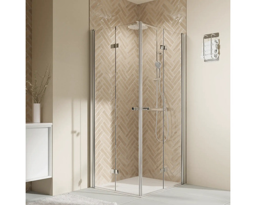 Hoekinstap met draai-vouwdeur BREUER Elana 2.0 Express Q72 80 x 80 x 200 cm, zilverkleurig profiel, helder glas, vuilafstotende glascoating, buffergreep