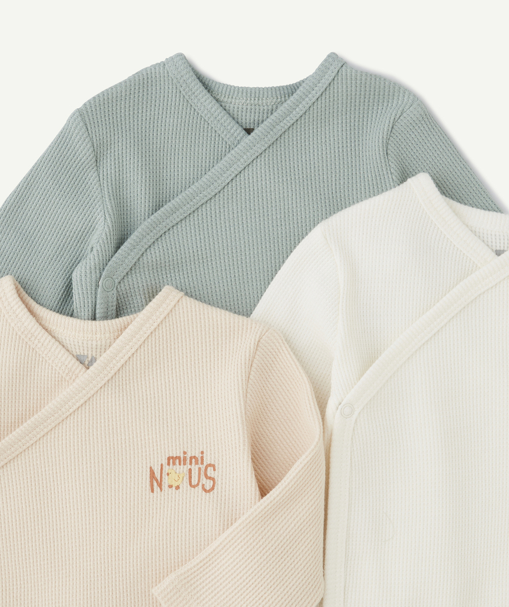LOT DE 3 BODIES CACHE-COEUR EN COTON BIO NID D'ABEILLE MESSAGE MINI NOUS