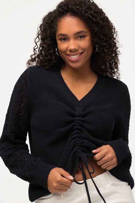 Pullover, Raffband, Patentstrick, V-Ausschnitt, Langarm